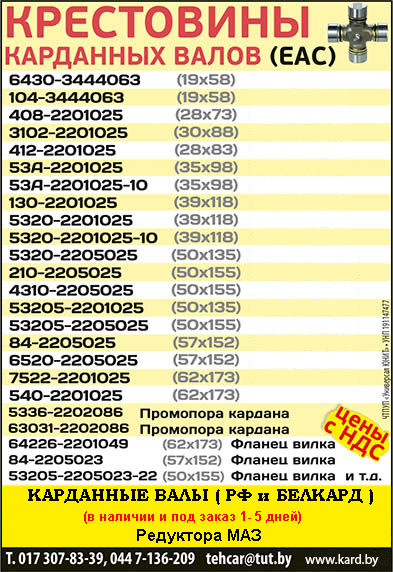 Конец шлицевой 5336-2202020-10, Фланец 5336-2202050-10, Крестовины,